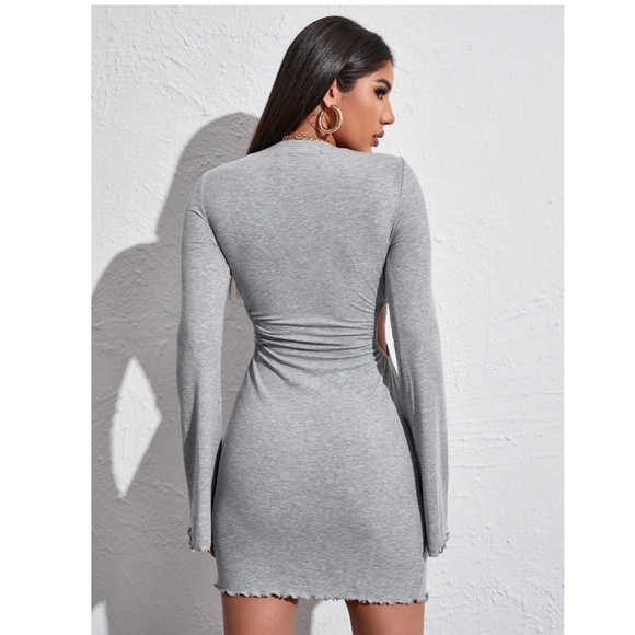 Grey Rib-Knit Cut Out Bell Sleeve Mini Dress - Picture 13 of 16